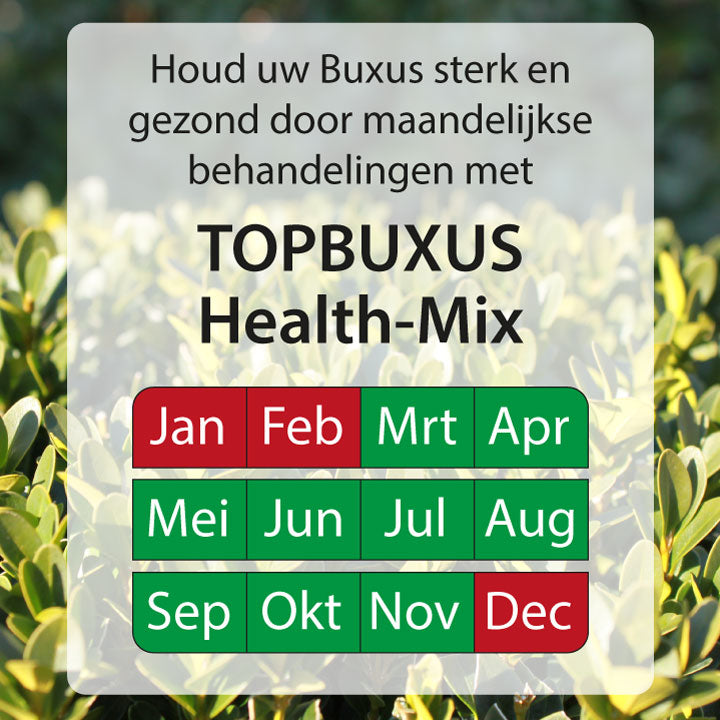 Keep your Boxwood strong and healthy by monthly treatments with Topbuxus Health-Mix  usage chart